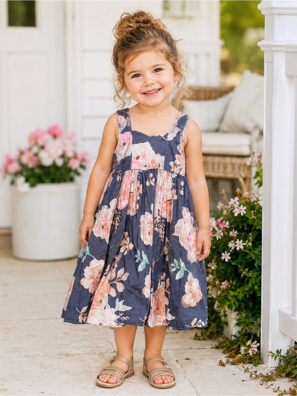 Navy Floral Cotton Sundress for Girls with Pink and Cream Blooms